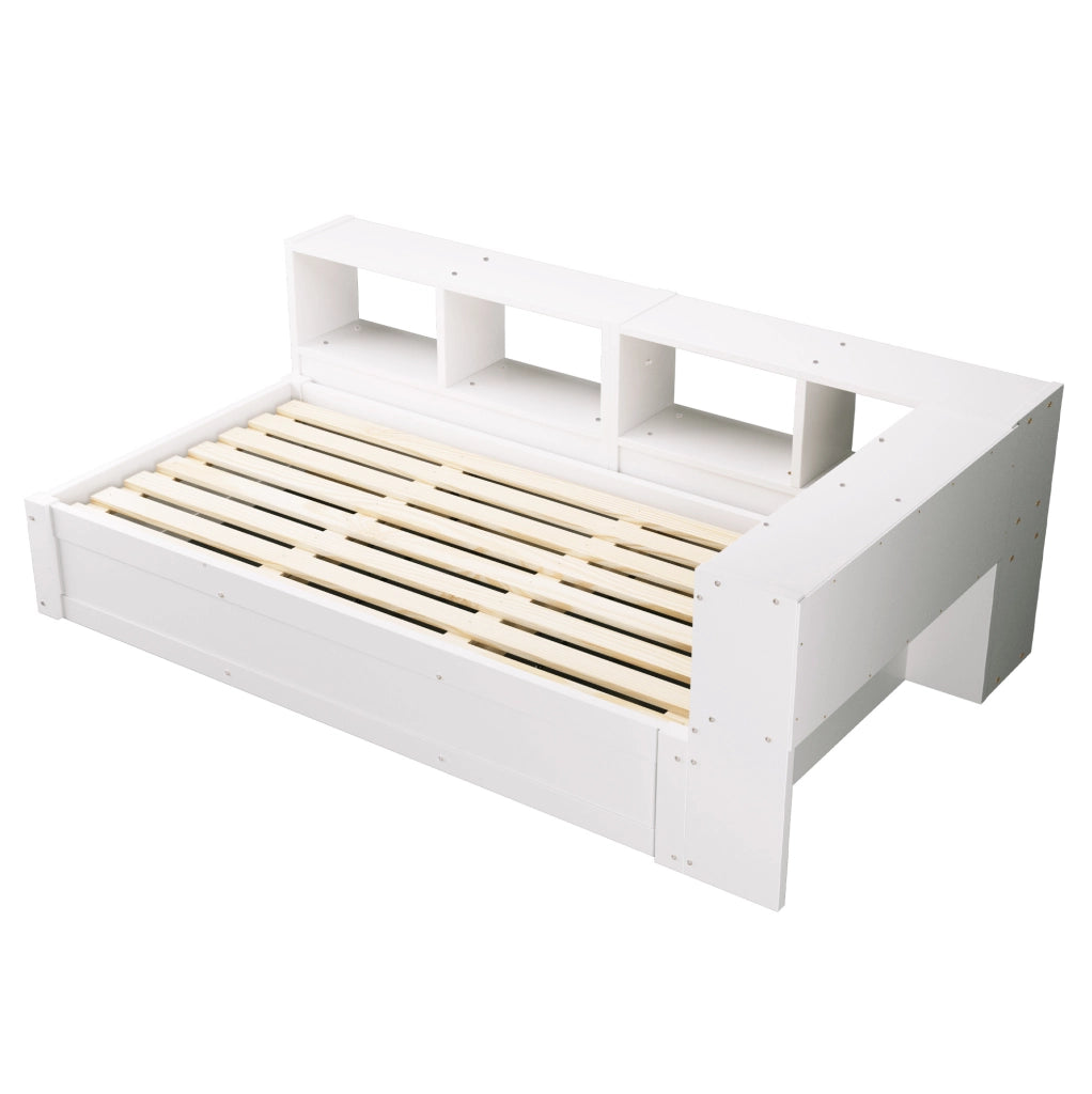 Letto multifunzione 90x200 cm con presa integrata; contenitori e LED in MDF bianco