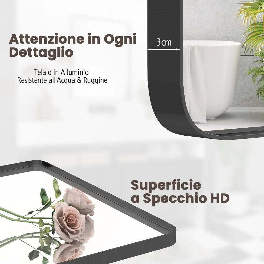 Specchio da Parete 76,5 x 56 cm, Specchio da Bagno Rettangolare con Pellicola Antigraffio, Cornice in Metallo Antiruggine, Ideale per Bagno Soggiorno Ingresso, IP44