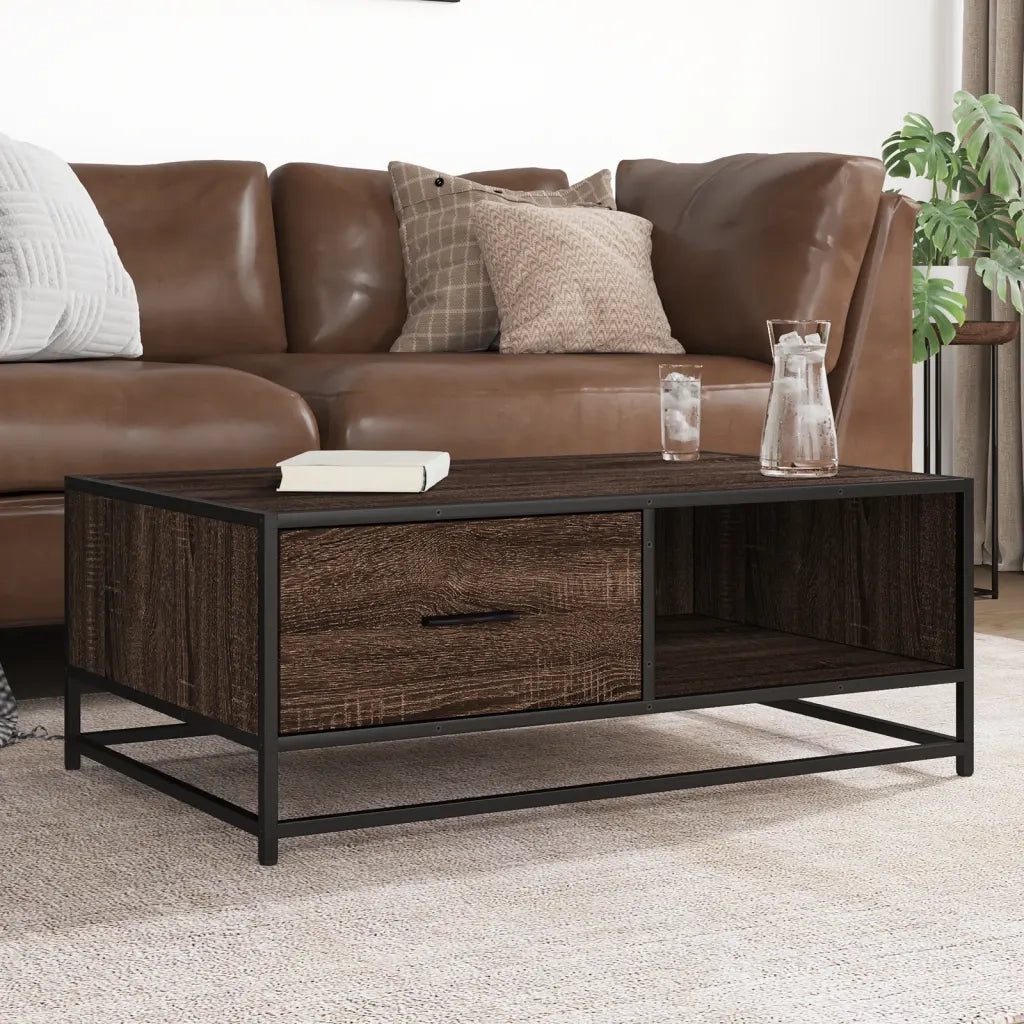 Tavolino da salotto | Tavolino da caff¨¨ | Tavolino da Soggiorno Rovere Marrone 90x57x35 cm Legno Multistrato e Metallo