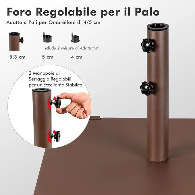 Base per Ombrellone da Giardino 22,5 KG, Base Ombrellone Quadrata da Esterno 60 CM con Adattatori 4/5CM 2 Ruote 2 Manopole e Impugnatura, Supporto per Ombrellone da Giardino Terrazzo Esterno