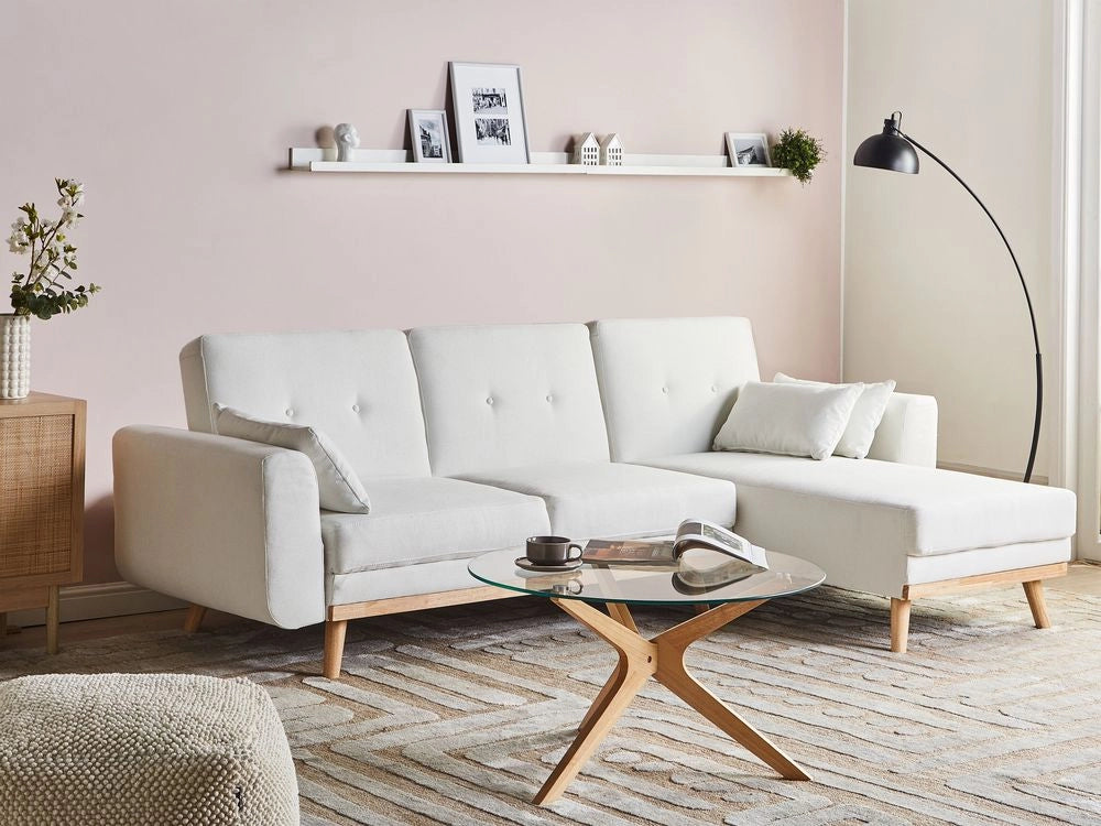 Divano Angolare ad Angolo Sinistro Bianco in Tessuto Imbottito a L con Seduta Trapuntata Cuscini Decorativi e Funzione Letto