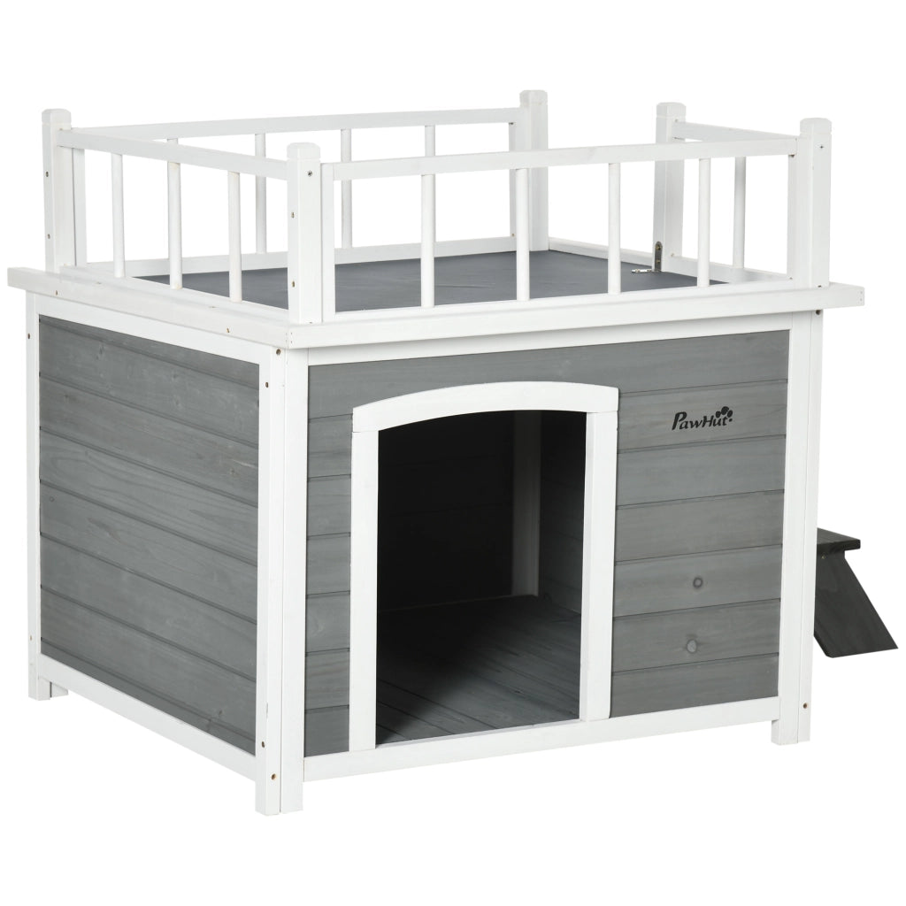 Casetta per Cani con Terrazza Scaletta e Finestra 121x77x78cm Grigio chiaro