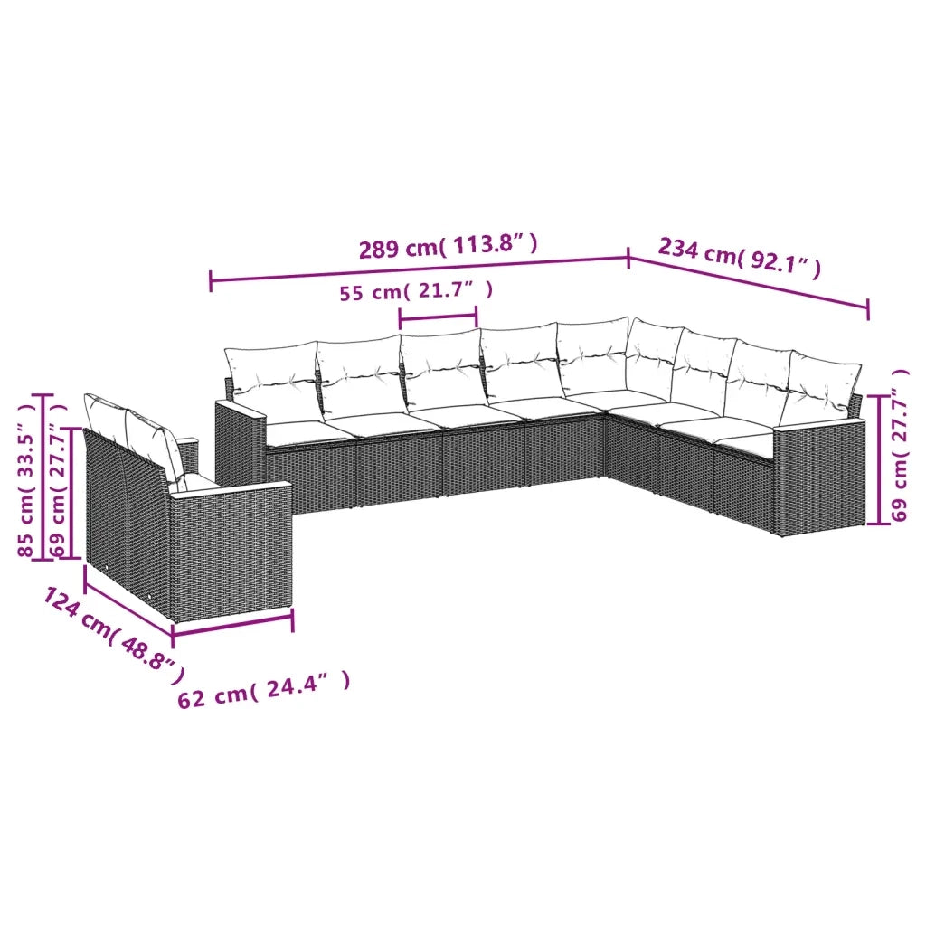 Set Divani da Giardino 10 pz con Cuscini Nero in Polyrattan 3226113