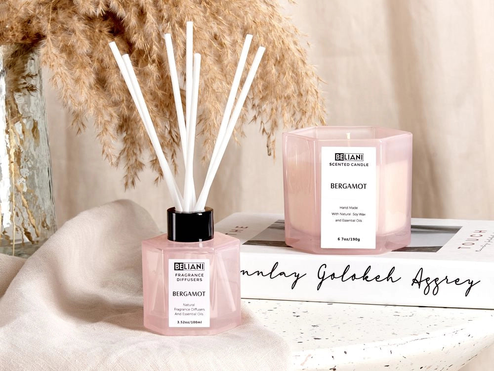 Set candela profumata in cera di soia 100% e diffusore con bastoncini, stoppino di cotone, vetro profumo fresco bergamotto