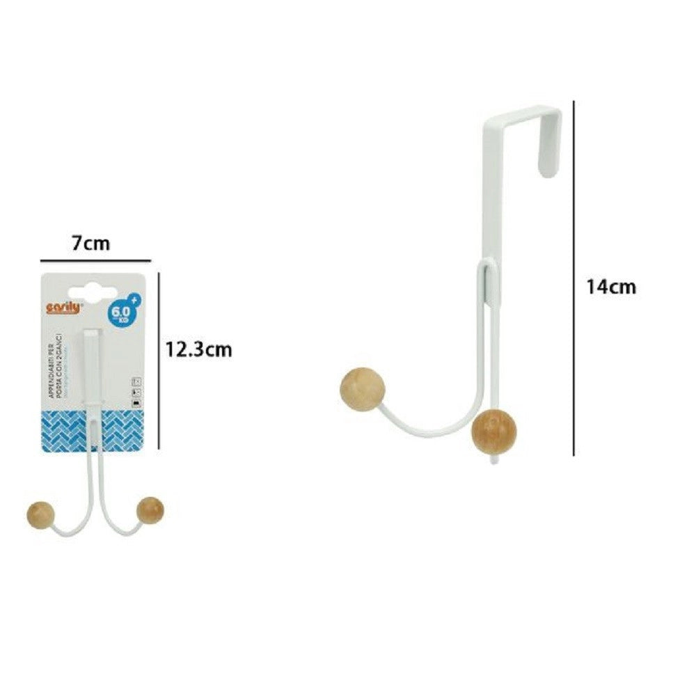 Trade Shop - Appendiabiti Appendino Da Porta Metallo Bianco Palline Legno 2 Ganci Posti 79552 -