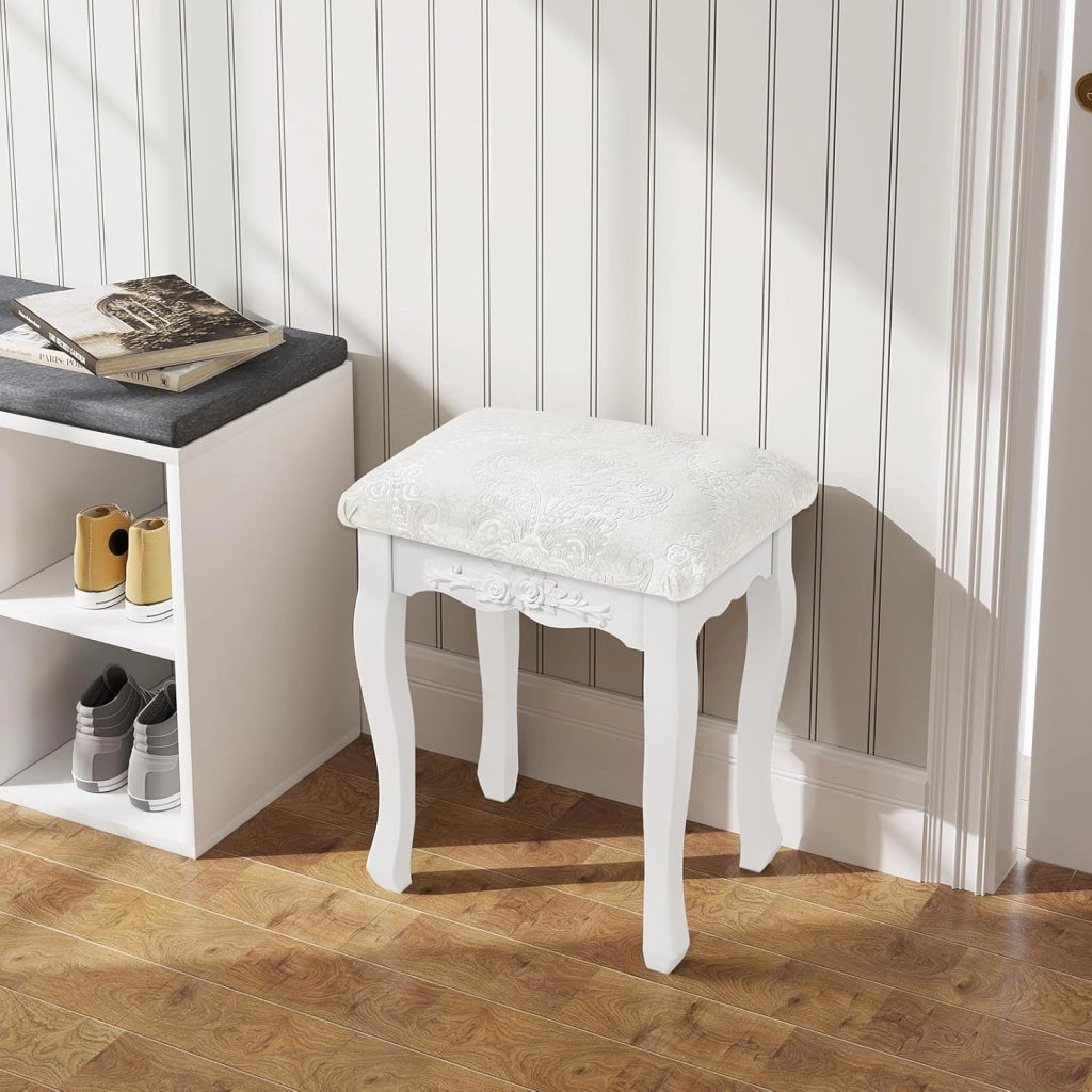 Sgabello per Tavolo da Trucco, Toeletta Sedia Imbottita per Camera con Motivo Floreale, Design Barocco, Legno di MDF + Rovere, Bianco+Beige 37x30x50cm, MB6015cm