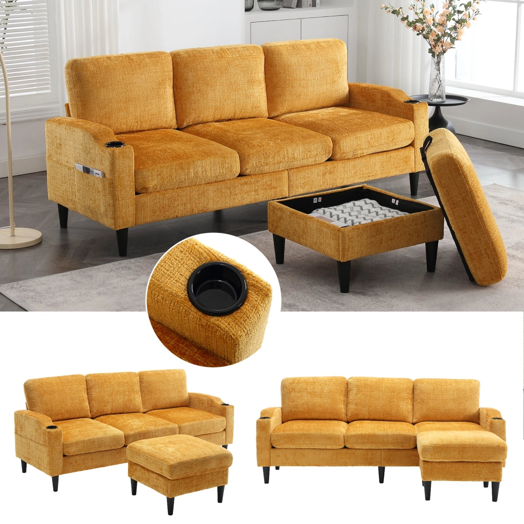 Divano modulare 4 Posti con Pouf contenitore, Portabicchieri e Tasche laterali, in Ciniglia, Giallo