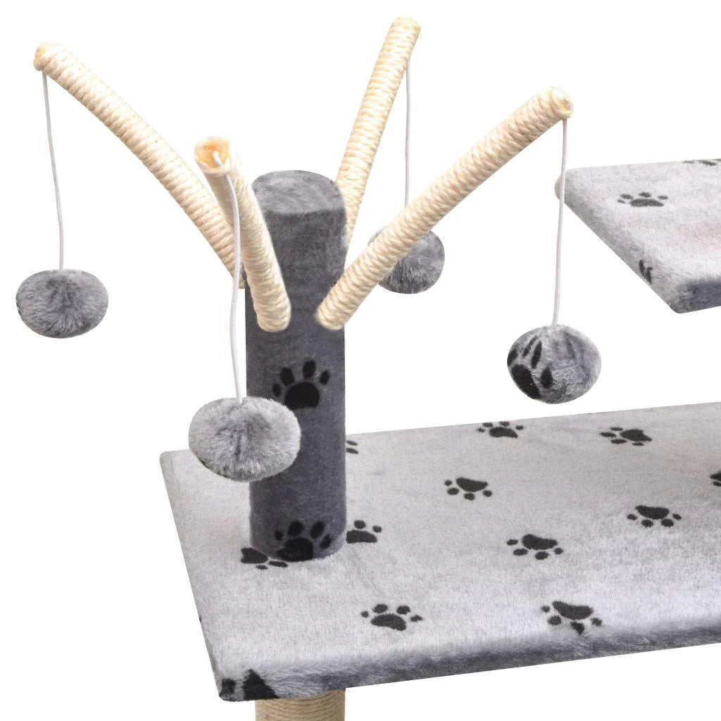 Tiragraffi albero per gatti cuccia per gatti giocattolo peluche e sisal 125 cm impronte di zampe grigio 3702113