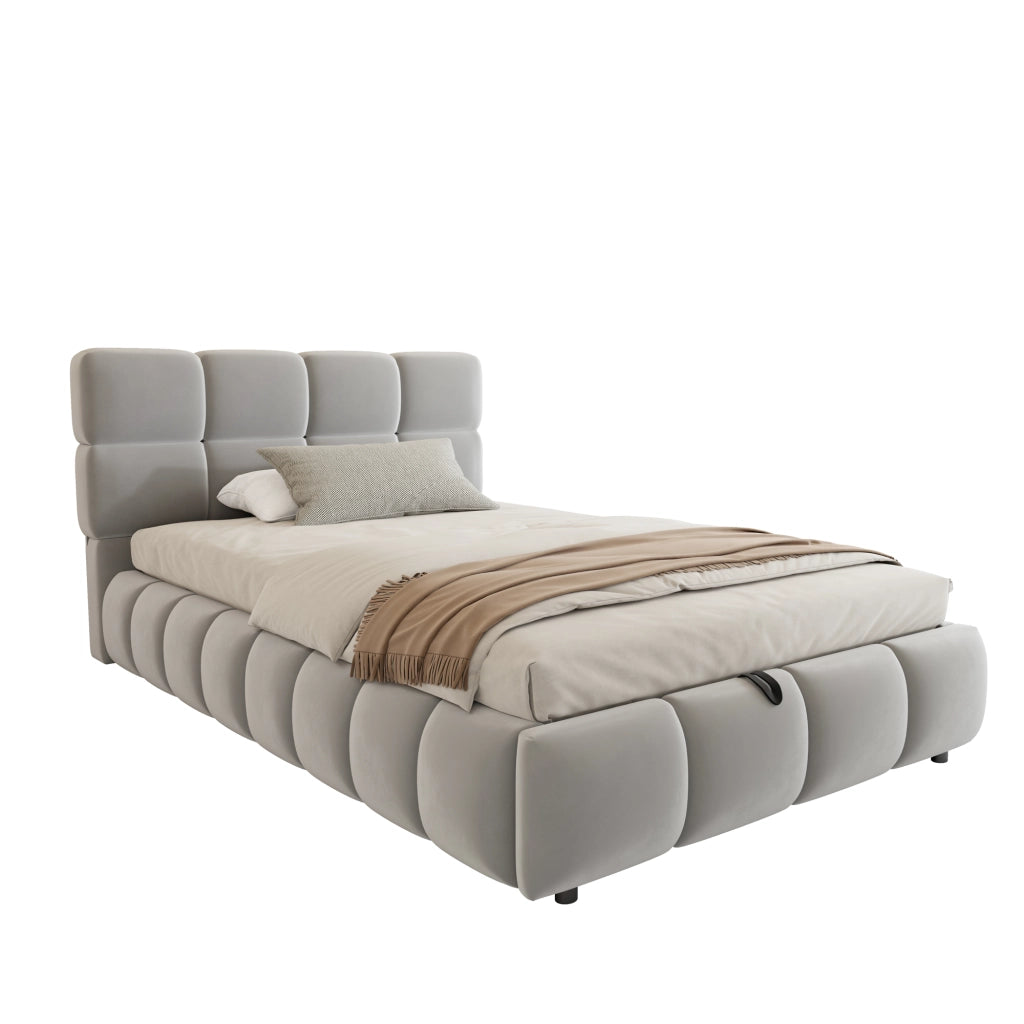DESMIU Letto imbottito 90 × 200 cm 1 posto con contenitore idraulico e striscia LED regolabile, senza materasso, in velluto, grigio