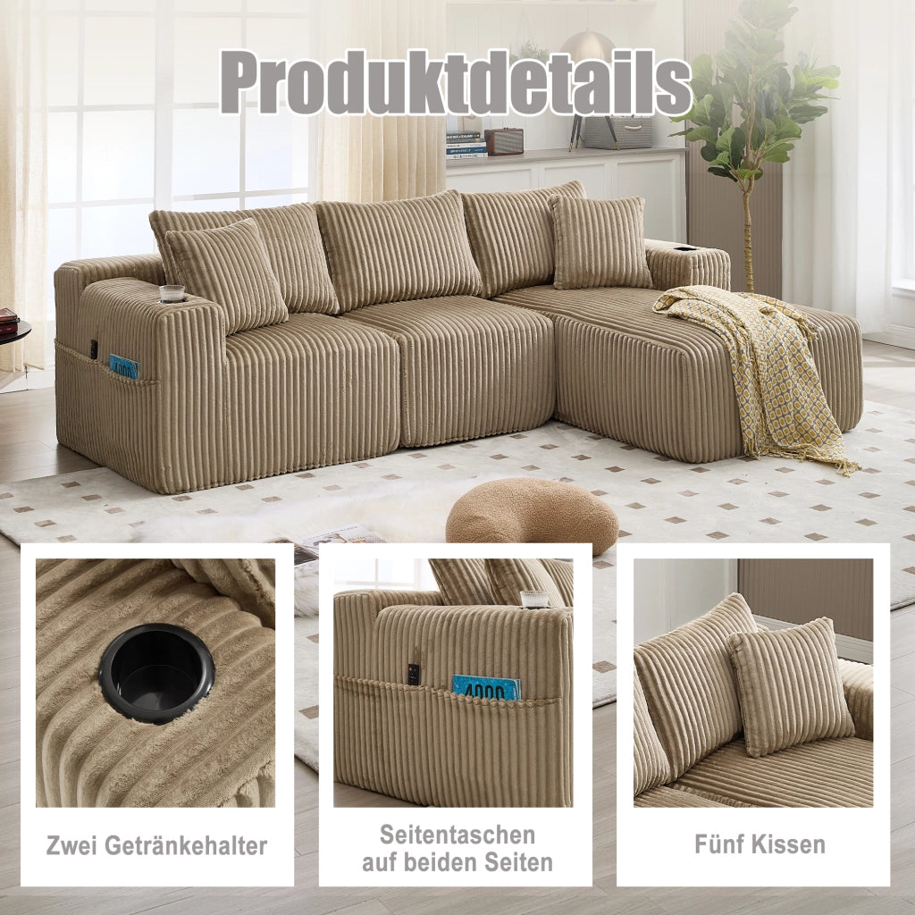 Canapé modulare con chaise longue e 2 posti con tasche laterali portabicchieri e 5 cuscini in velluto khaki