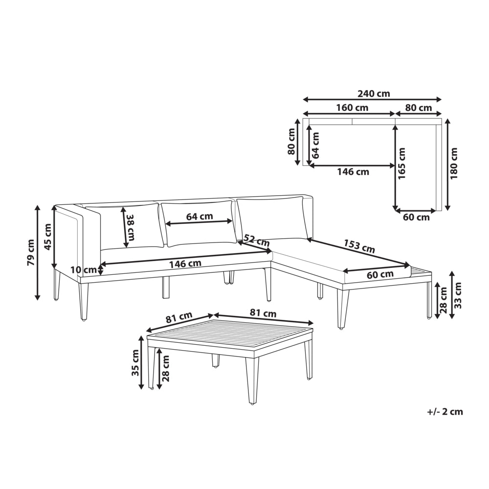 Set da giardino 3 posti in legno di acacia certificato con divano angolare tavolino e cuscini beige chiaro lato sinistro