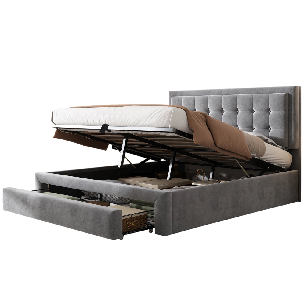 Letto Contenitore 140×200 cm; Letto Matrimoniale con Vano; 2 Cassetti e Testiera Regolabile; senza Materasso; Grigio