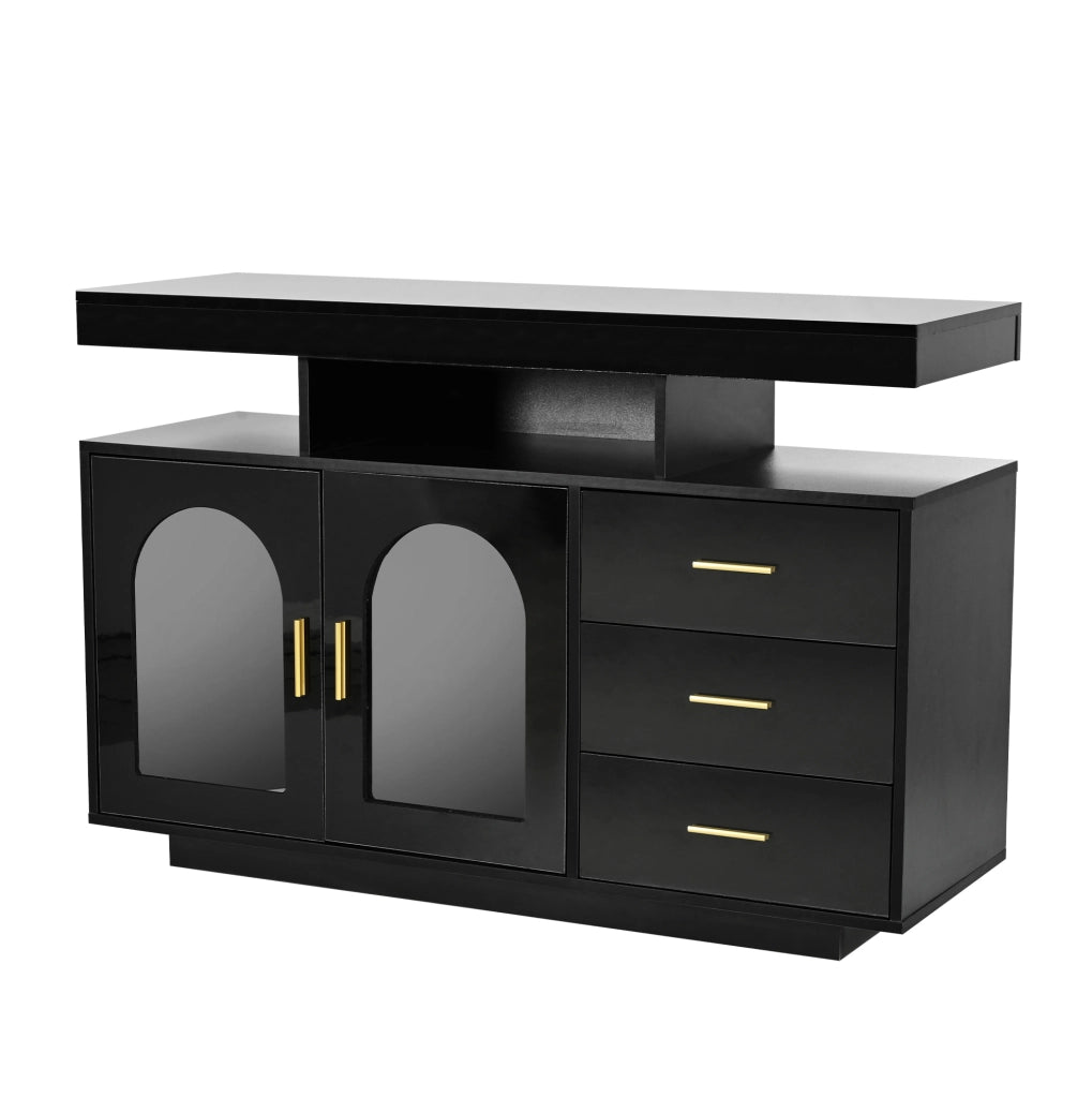 Sideboard buffet moderno 120x40x80 cm in truciolare nero lucido con LED RGB e ante in acrilico