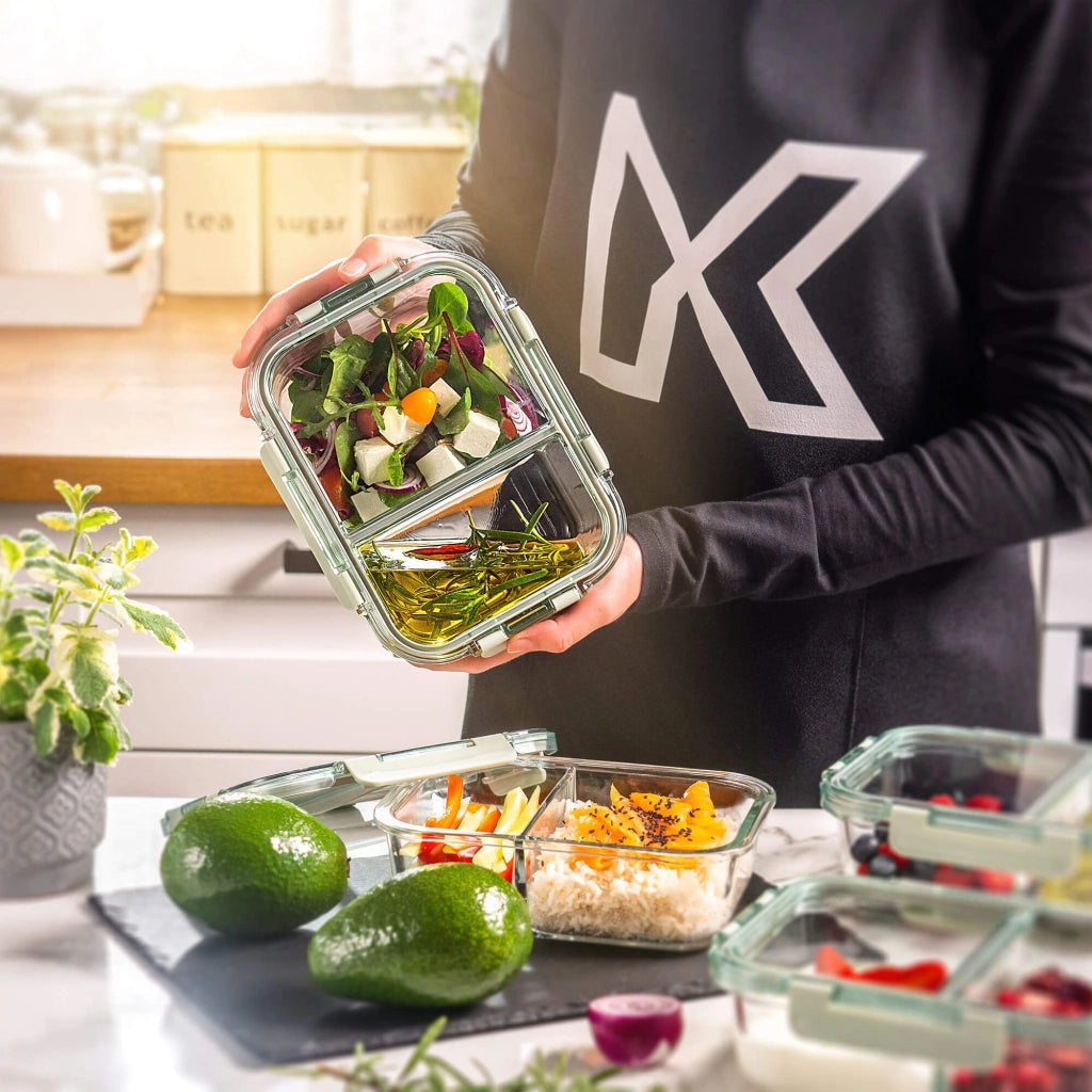 Set di 4 contenitori per alimenti in vetro KADAX da 1 litro con divisori, ideali per il pranzo.