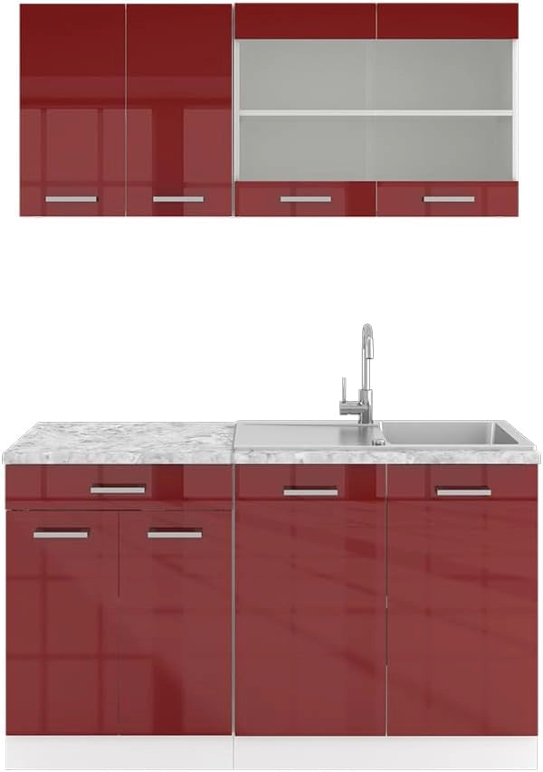 Cucina monoblocco R-Line, Rosso lucido, 140 cm senza piano di lavoro, adatto a spazi piccoli, espandibile in modo modulare