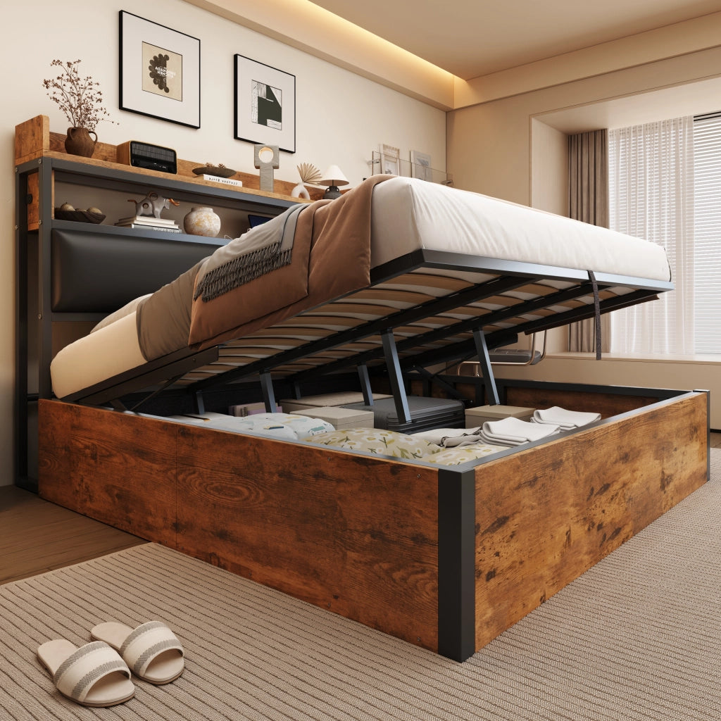 LETTO Contenitore 180x200 cm Nero in Metallo e Legno con USB