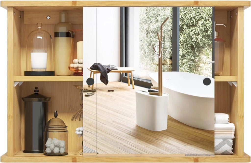 Set di mobili da bagno con armadietto a specchio, per bagno, in bambù, modello 6