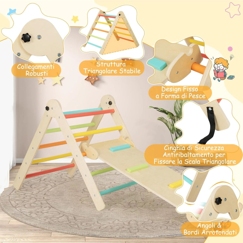 3 in 1 Set da Arrampicata per Bambini, Giocattoli da Arrampicata Triangolari Pieghevoli, Altezza Regolabili, con Scivolo/Rampe da Arrampicata, Carico 60 kg (Colorato)