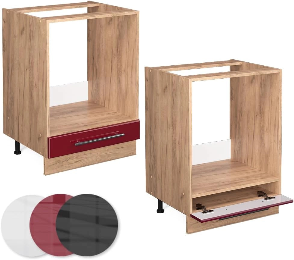 Mobile per forno da incasso Fame-Line, Rosso bordeaux lucido, 60 cm, PL Rovere, per la combinazione con altri moduli della serie Fame-Line