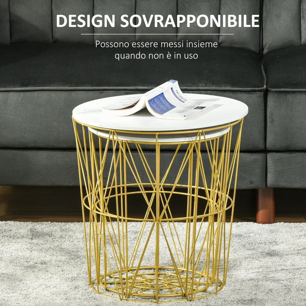 EasyComfort Set 2 Tavolini da Salotto Moderni Impilabili con Ripiano Rimovibile, Tavolino da Caffè con Contenitore per Soggiorno e Camera, Bianco Oro
