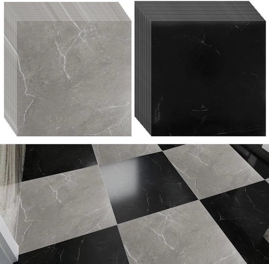 Pavimento in PVC autoadesivo con finitura marmorea - 40 pezzi - 30 x 30 cm - Per soggiorno e bagno - 3,6 m² di superficie - Nero/Grigio