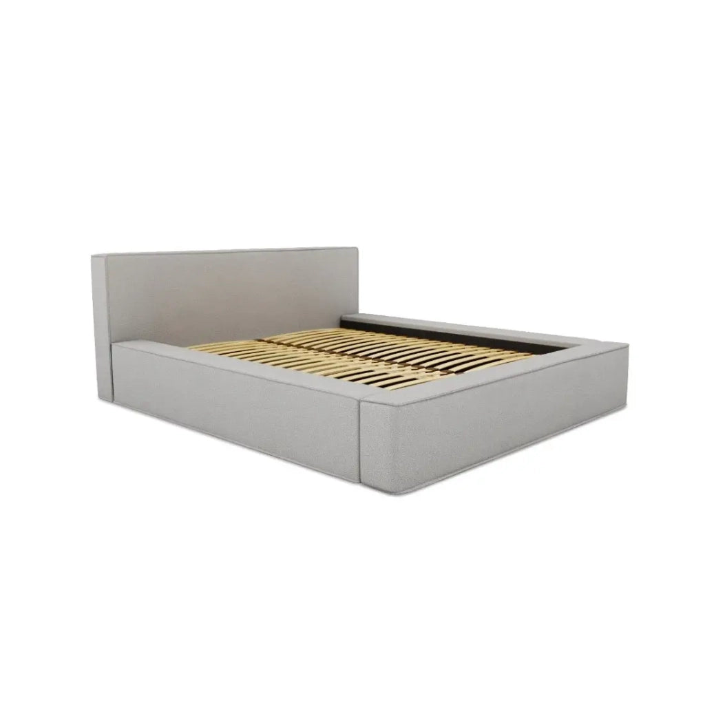 Letto contenitore VELORA – Sabbia grigia bouclé – 140x200 cm – Tessuto velluto morbido – Rete sollevabile – Contenitore integrato