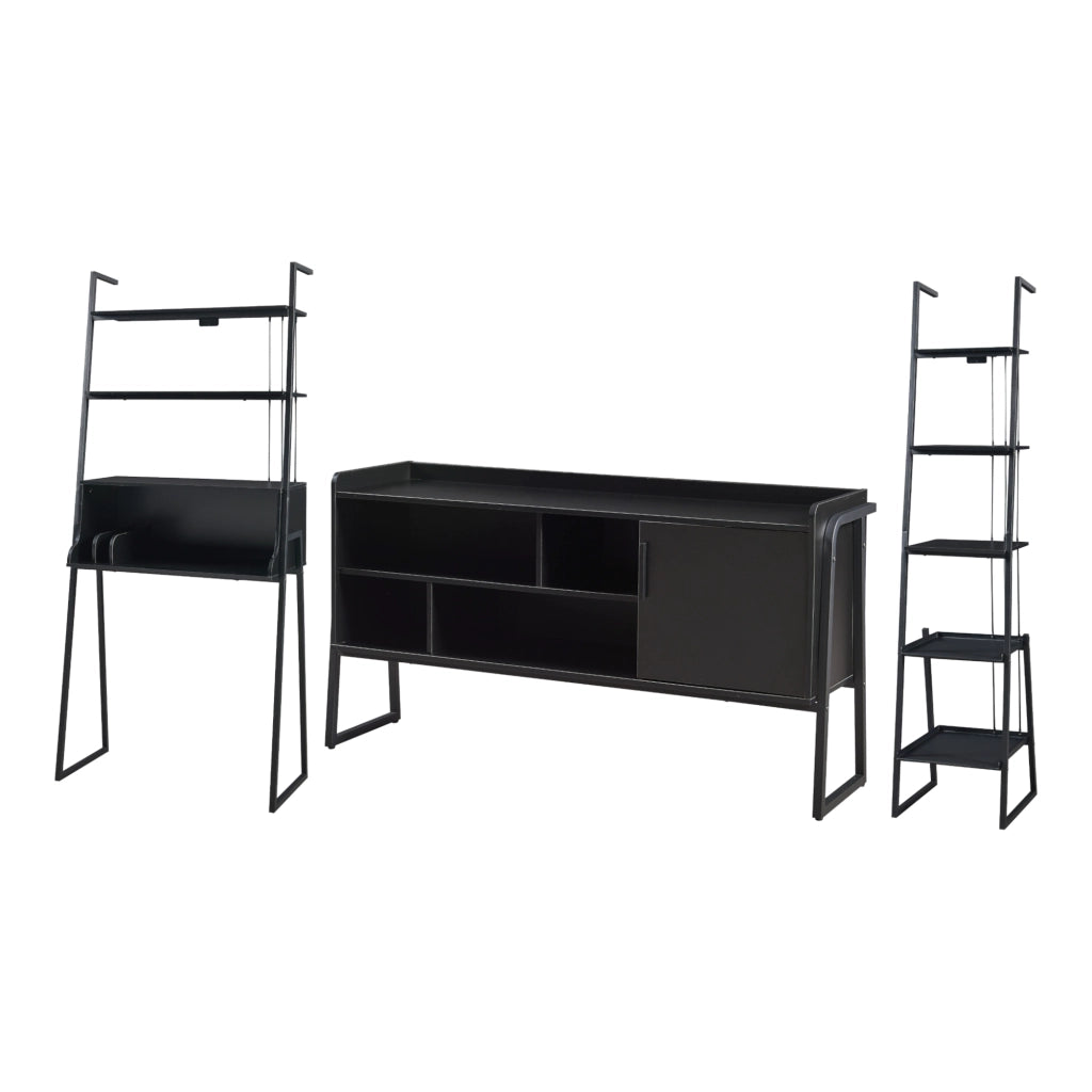 Set Storfjord Composto di Scrivania con Ripiani in Alto Mobile TV e Scaffale a Scala - Nero [en.casa]