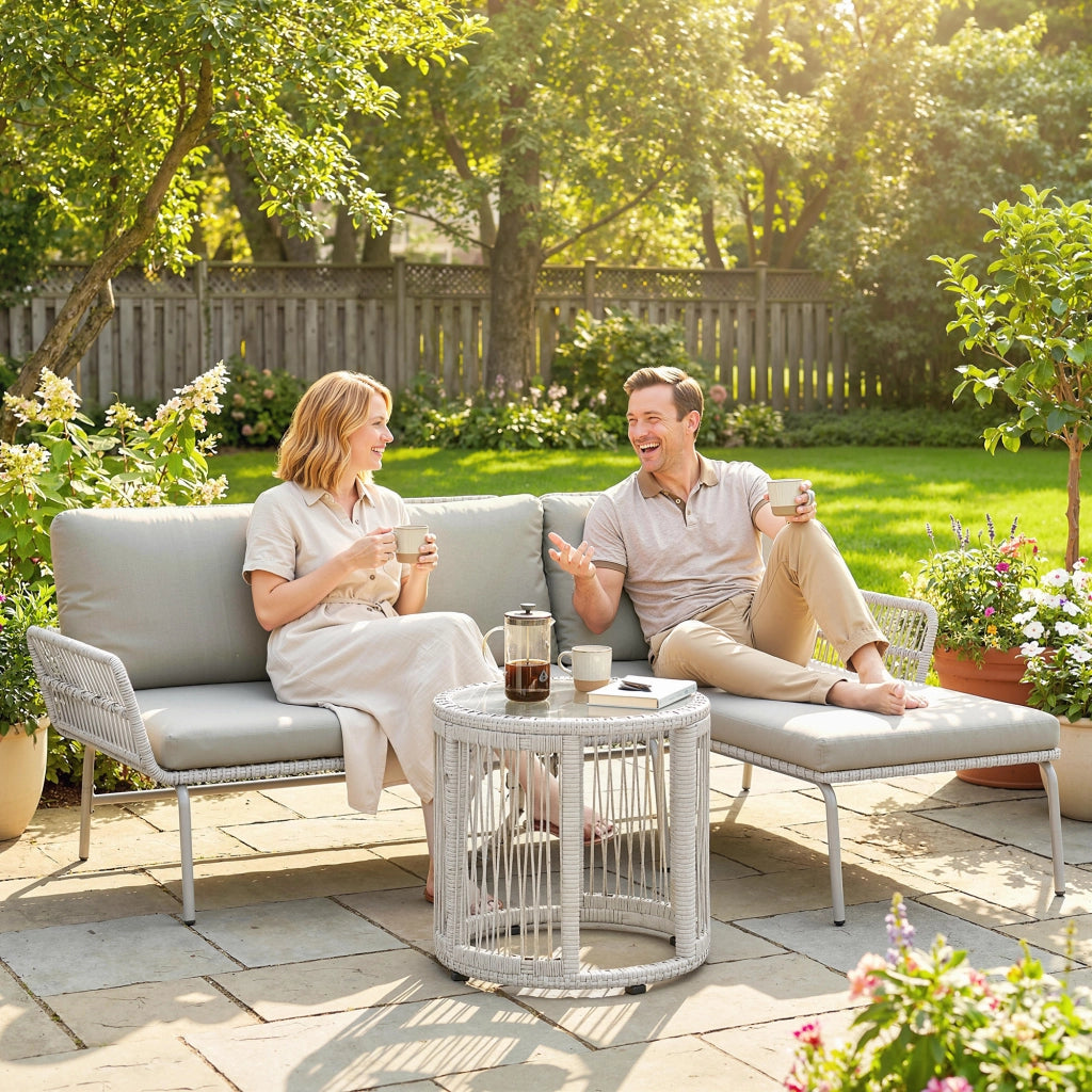 Set salotto da giardino 3 pezzi ¨C zephmum ¨C polyrattan grigio con cuscini e tavolino vetro