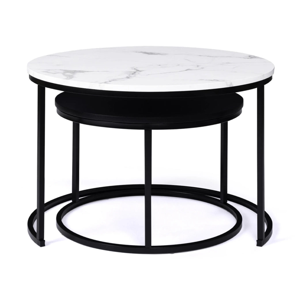 IDMarket - Set di 2 tavolini rotondi ALASKA 54/70, effetto marmo e nero, gambe in metallo
