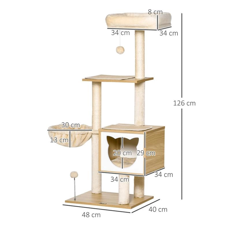 TIRAGRAFFI PER GATTI CON 2 PALI, CASETTA, AMACA, LETTINO E 2 PALLINE, IN LEGNO, PILE E SISAL, 48X40X126 CM
