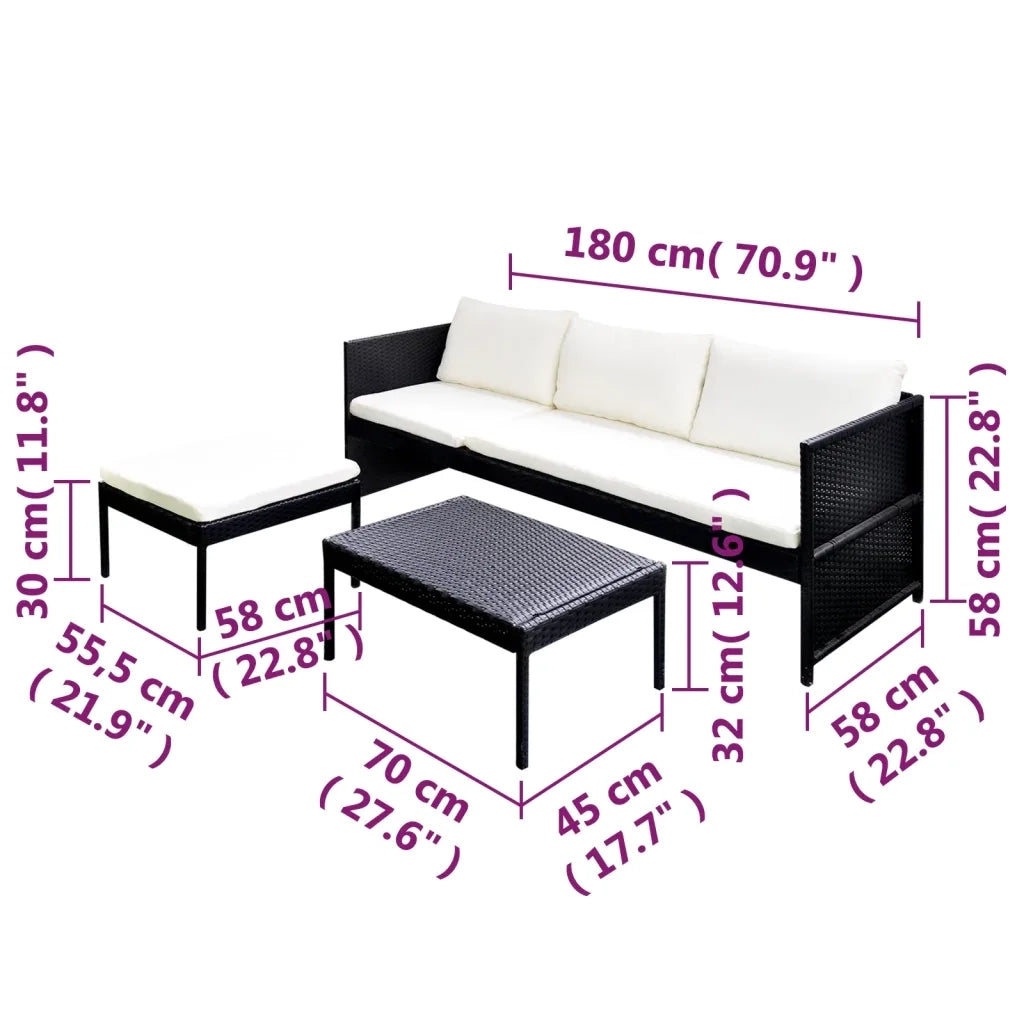 Set Divani da Giardino 3 pz con Cuscini in Polyrattan Nero cod mxl 35393