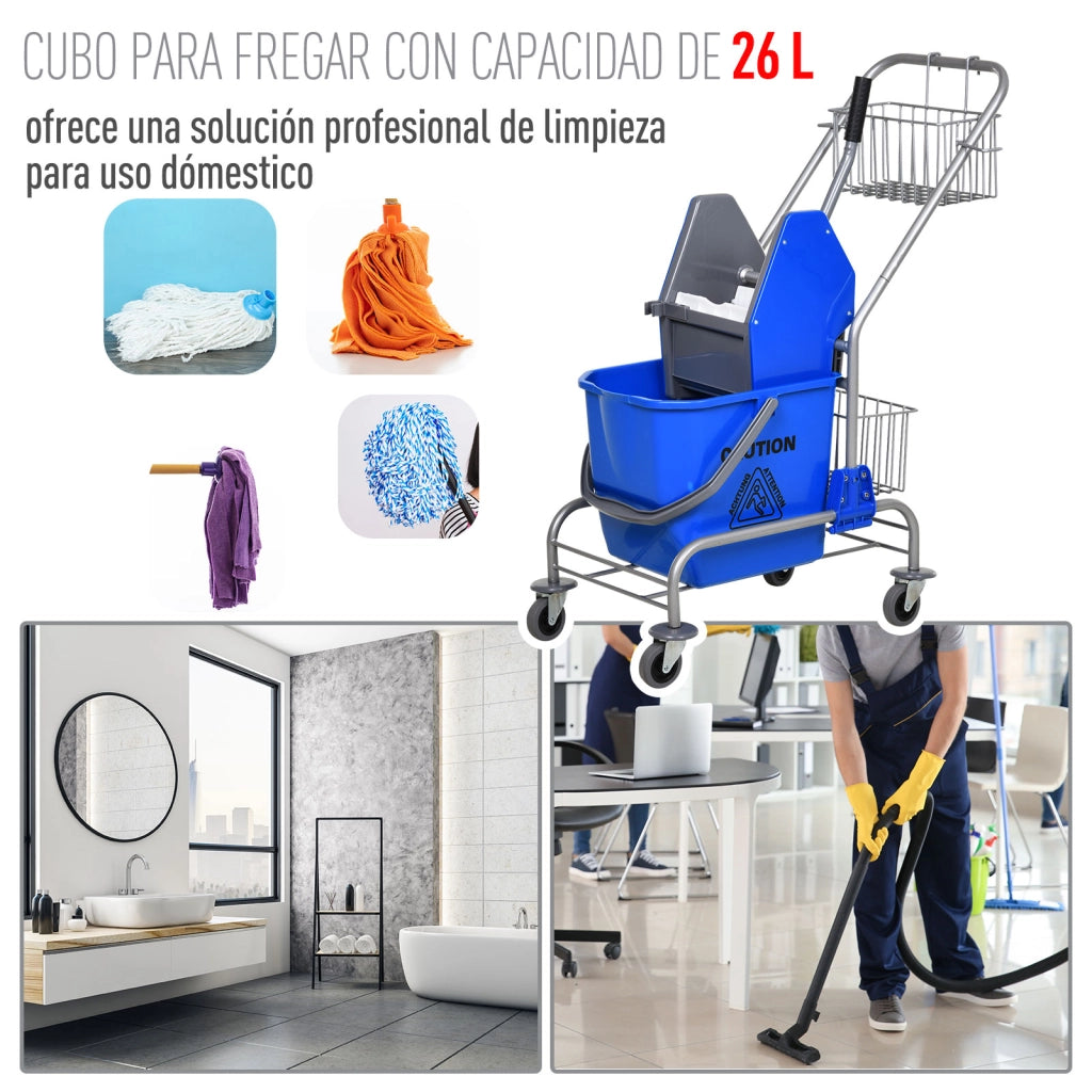 Secchio per Lavapavimenti 26 L con Sgocciolatore a Pressione Ruote e Cestini ¨C zephmum ¨C 73x45x95 cm Blu