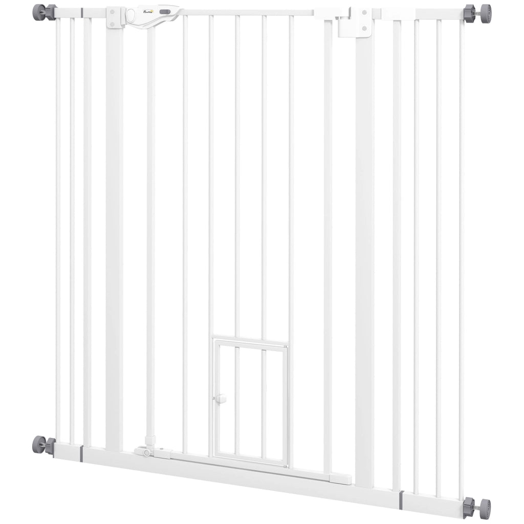 Cancellino per Cani Regolabile Alto con Porta Piccola e Chiusura Automatica, 74-101x104cm, Bianco