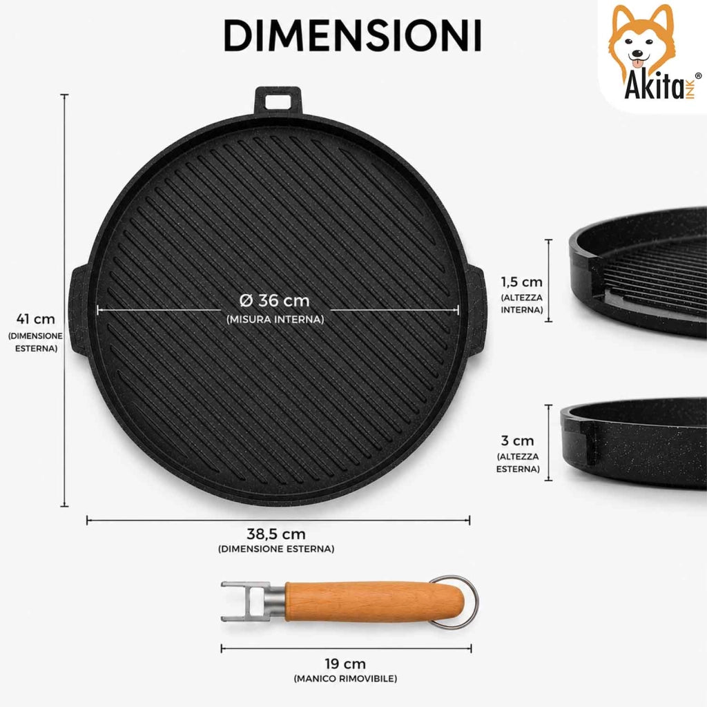 Akitaink Piastra Grill Double Tonda 36 cm Antiaderente Alluminio