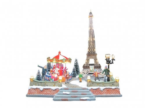 Paesaggio Natalizio Parigi con Giostre 32.5x25x36cm con Movimento Luci e Suoni