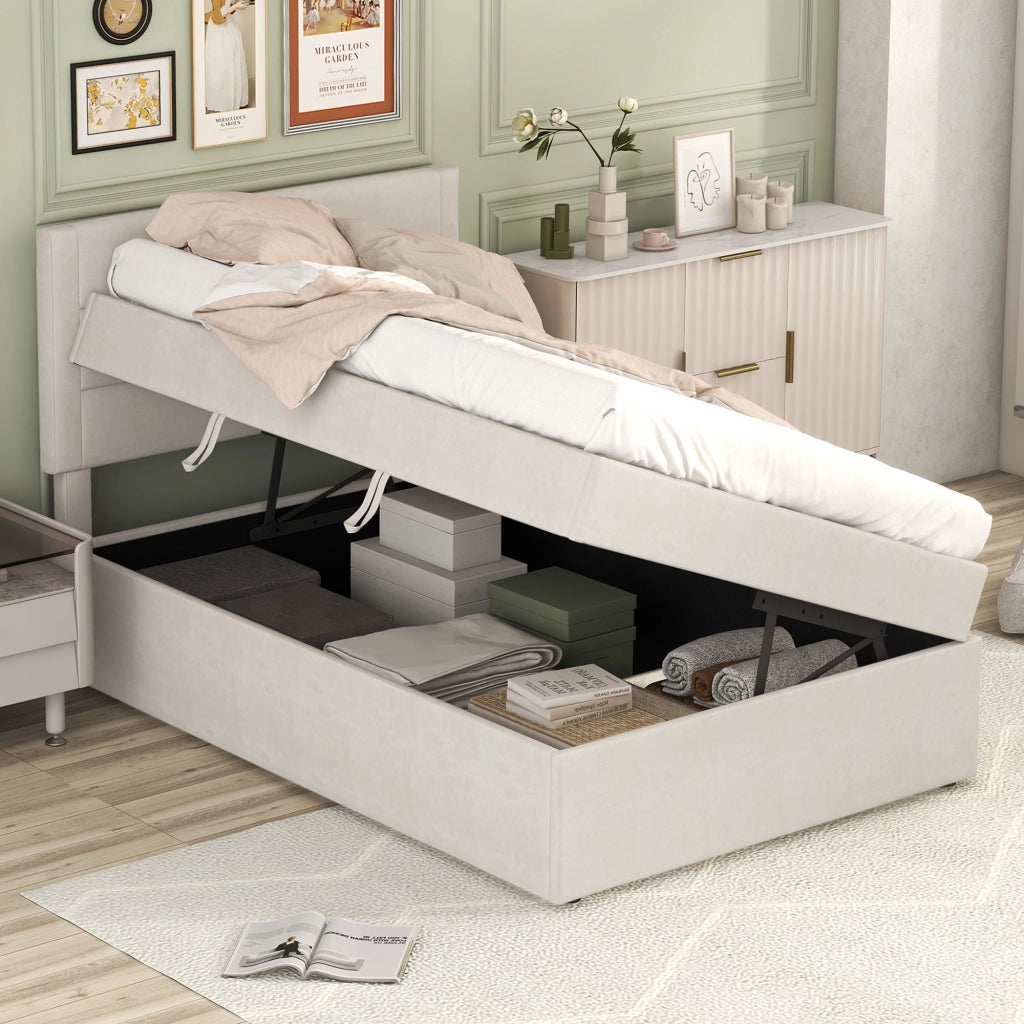LETTO singolo contenitore 90x200 cm Beige in lino e MDF