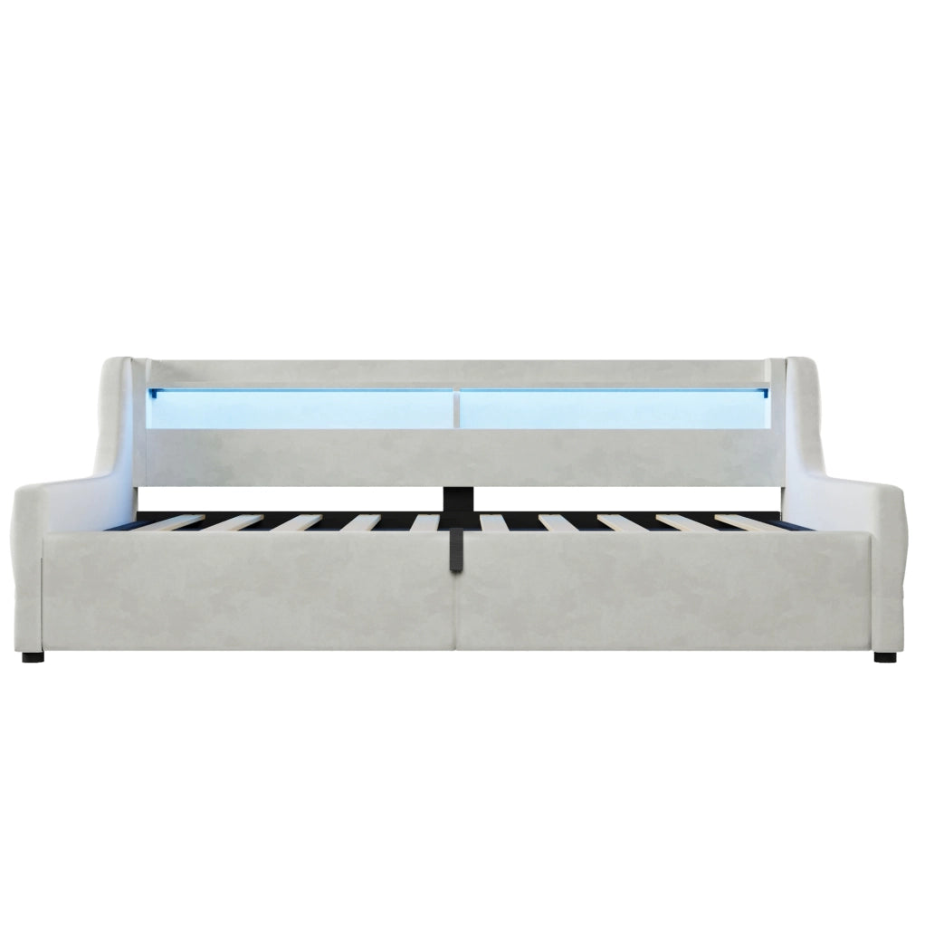 Letto singolo imbottito ULEVR 90x200 cm con vano contenitore idraulico e testiera LED multicolore, beige