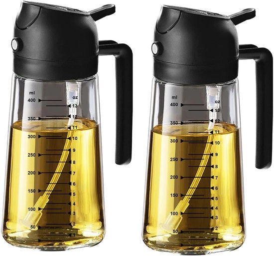 Kit di dispensazione e spennello per olio da cucina 16 onziole - 470ml flacone olio d'oliva - Dispensatore e spennello per olio 2 in 1 - Accessori da cucina per cucinare, insalate e grigliare (2 pezzi) Nero