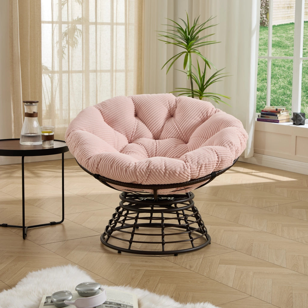 OKWISH Poltrona Papasan Girevole a 360° Design Ergonomico con Cuscino Imbottito, Acciaio e Rattan PE Marrone Rosa