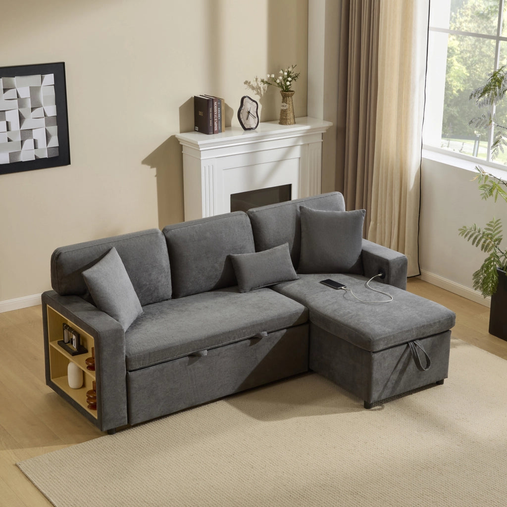 Divano letto angolare L - Zephmum- Estraibile, scaffale integrato, grigio scuro