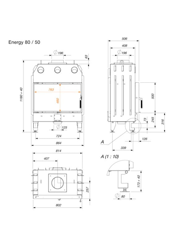 Inserto per camino a legna Nero - Energy 80x50 (17,0 kW) ECO