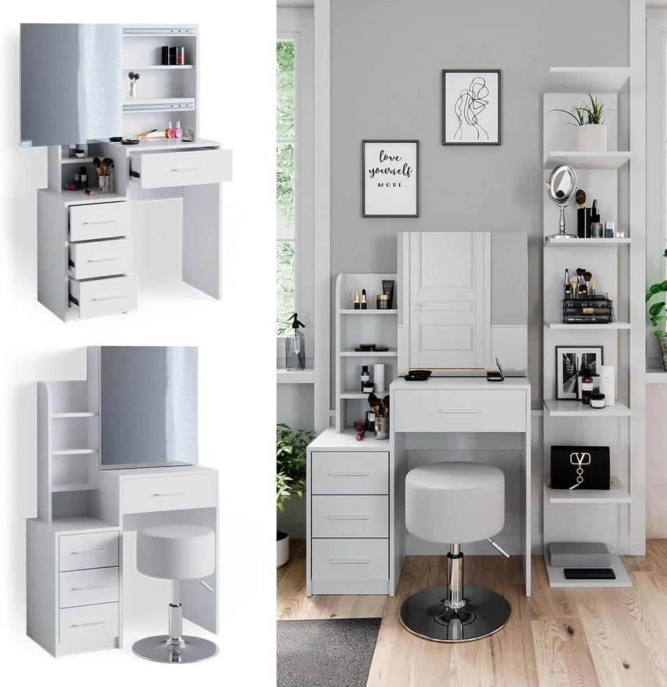 Vicco Tavolo da toeletta Conrada, Bianco, 80 cm con sgabello, adatto per l'organizzazione di articoli cosmetici e accessori