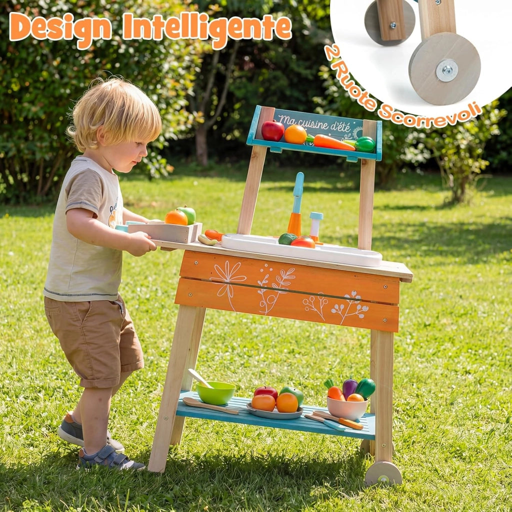 Cucina Giocattolo per Bambini, Cucinatta in Legno da Esterno con 2 Ruote, Griglia, Manopole Girevoli, Lavandino e Rubinetto, Cucina da Fango Interattiva con Accessori per Bambini 3+ Anni