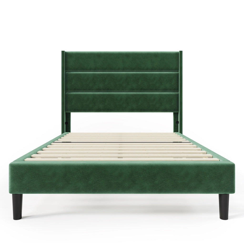 Letto imbottito 90x200 cm con rete a doghe e testiera in velluto verde scuro