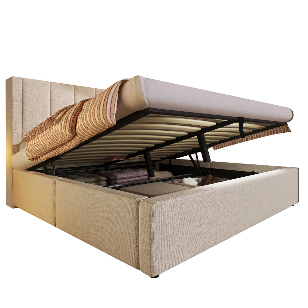 Letto matrimoniale imbottito 160x200 cm in lino beige con contenitore; USB e portabicchieri