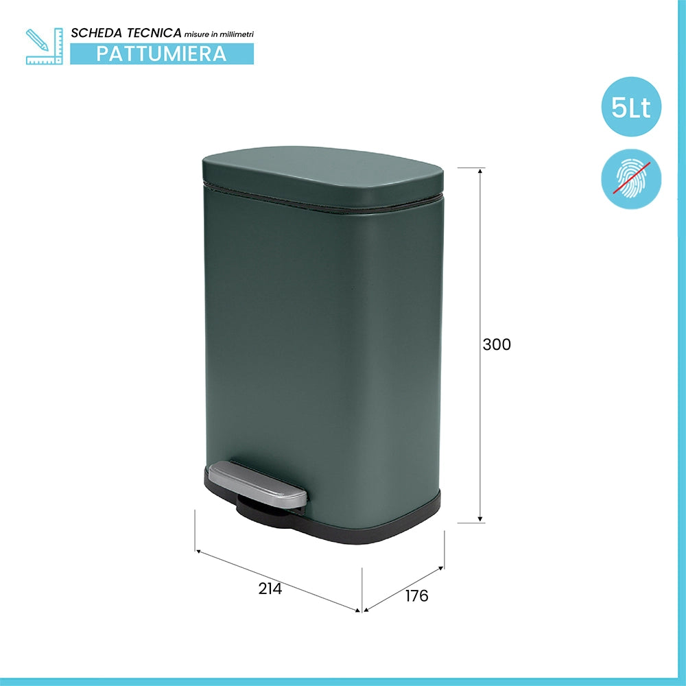 Pattumiera a pedale in acciaio 5lt verde scuro con chiusura rallentata Axin