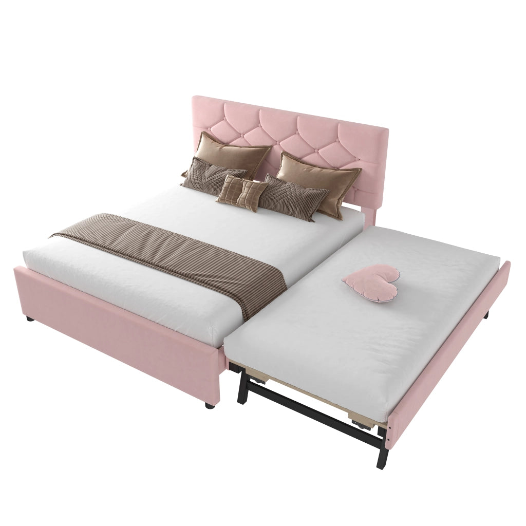 Letto imbottito 140x200 cm in velluto rosa con rete a doghe e letto estraibile, stile minimal