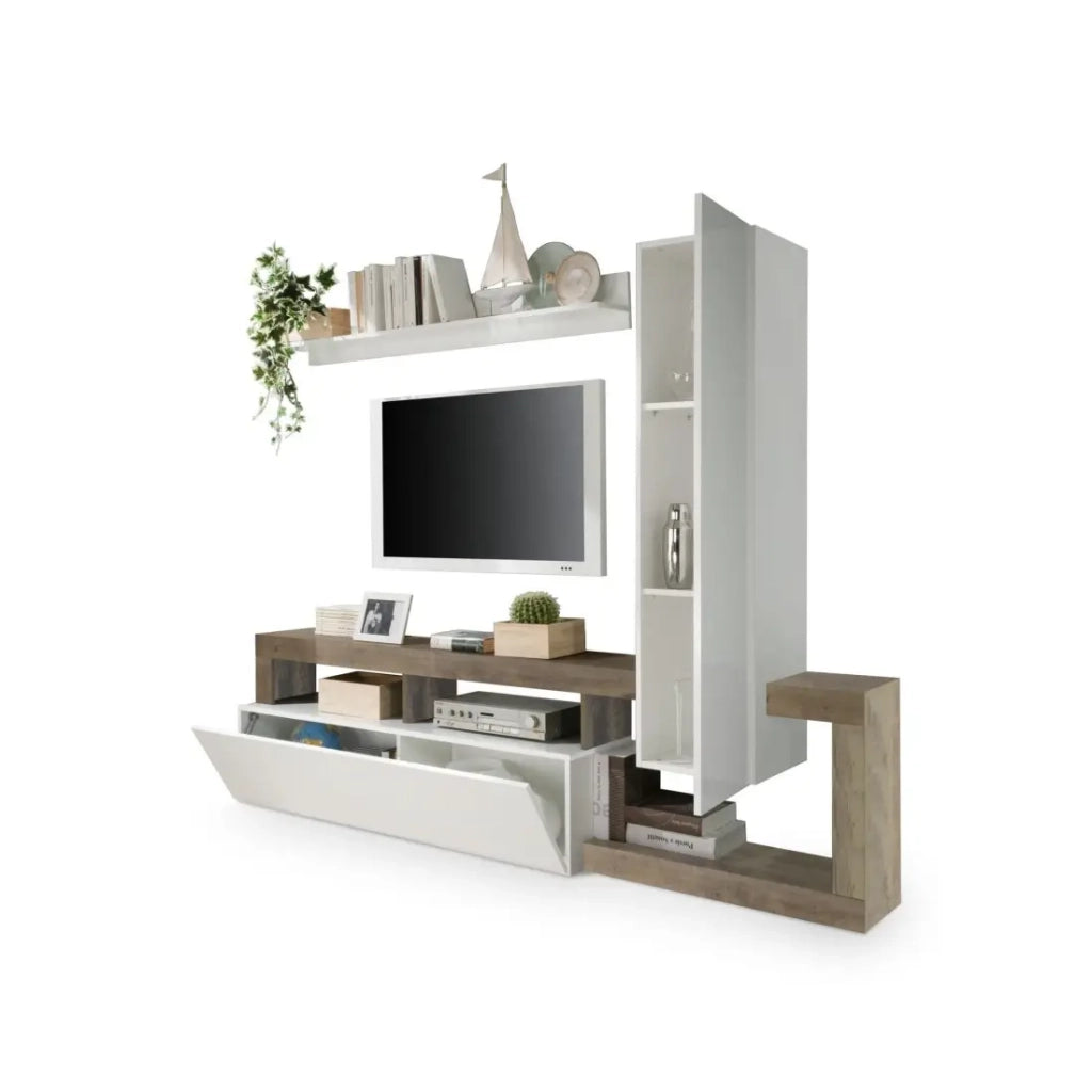 Set mobili da salotto con contenitori, collezione BURA, lunghezza 219 cm, bianco laccato/quercia cadiz