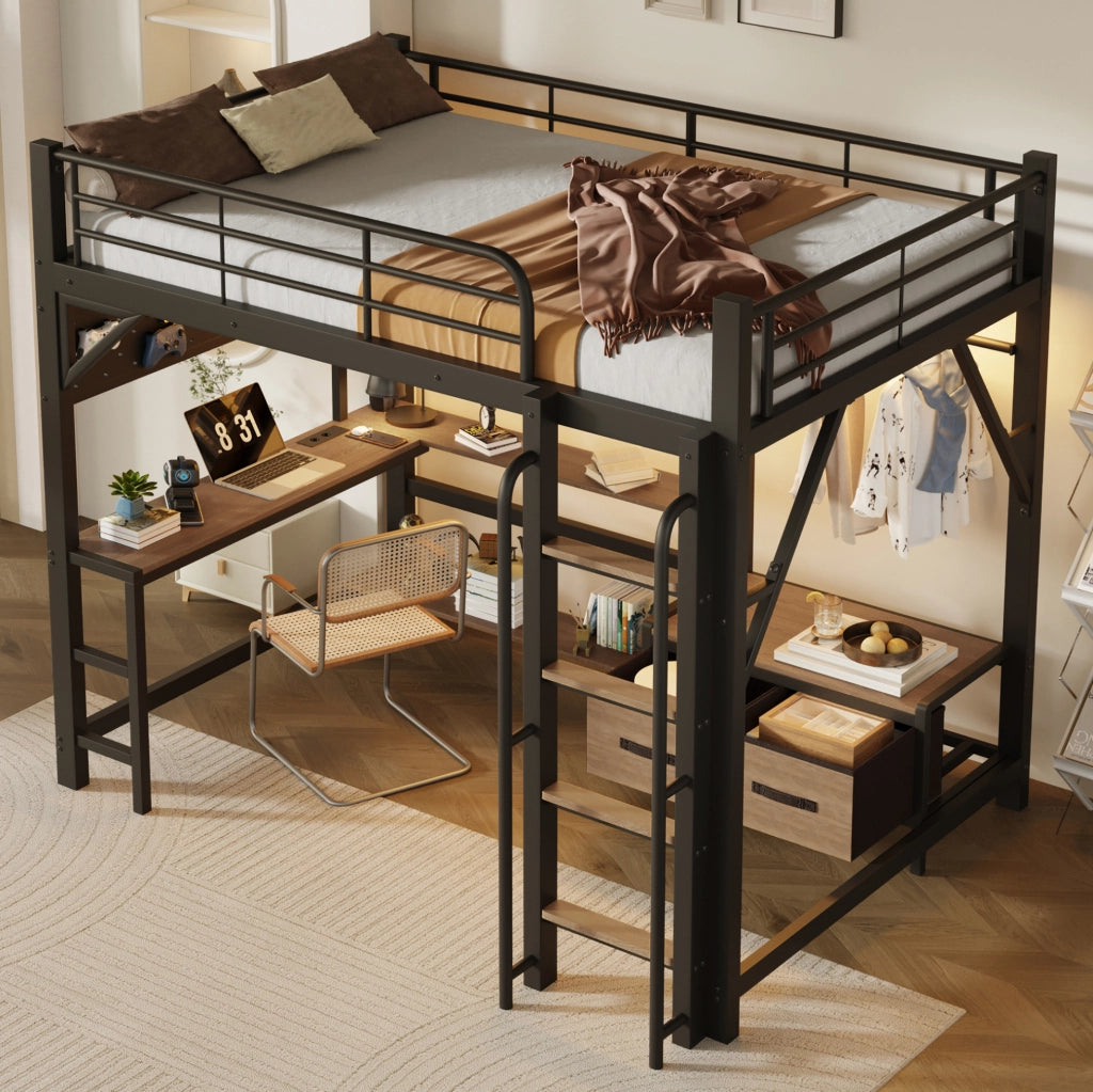 Letto a soppalco 140x200 cm con scrivania; ripiani; cassetti in tessuto; LED e USB; nero