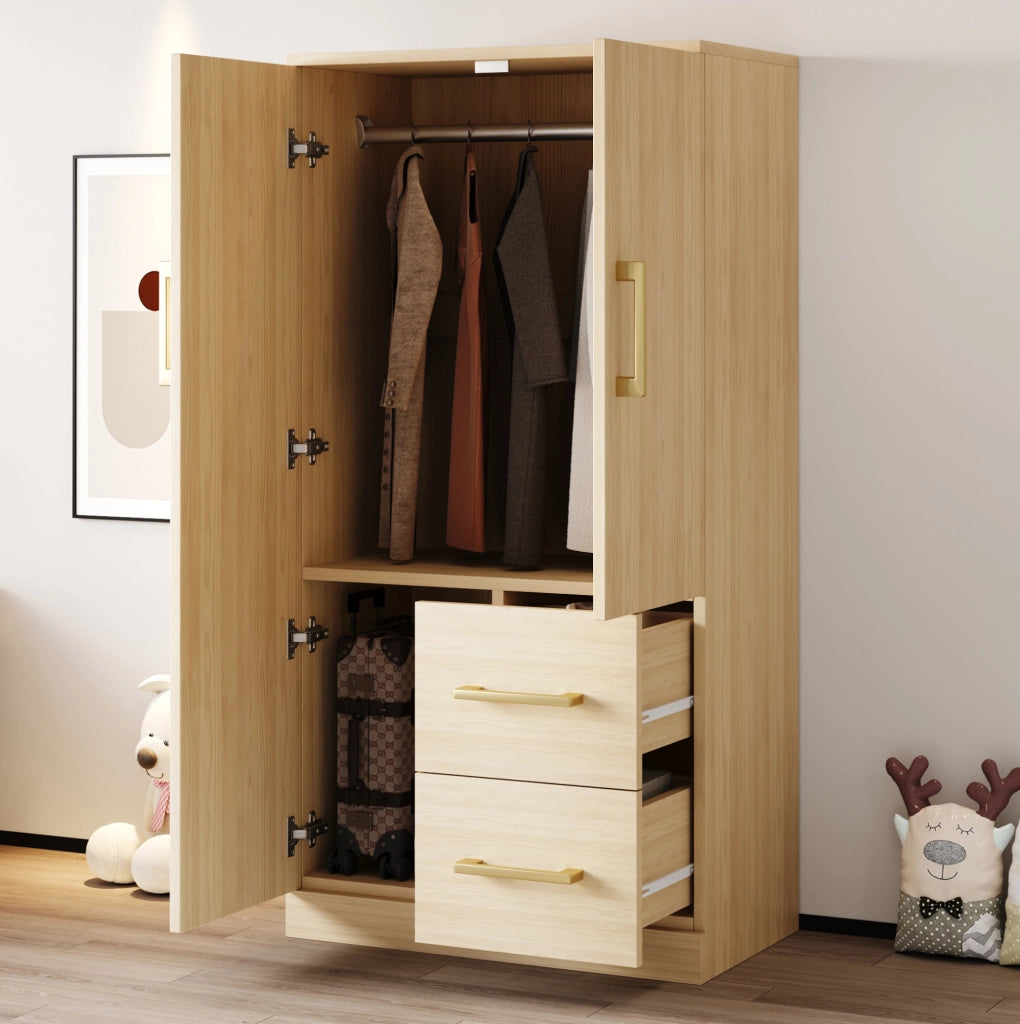 Armadio per cameretta a 2 ante con 2 cassetti e vano contenitore; 70 x 40 x 135 cm; legno naturale
